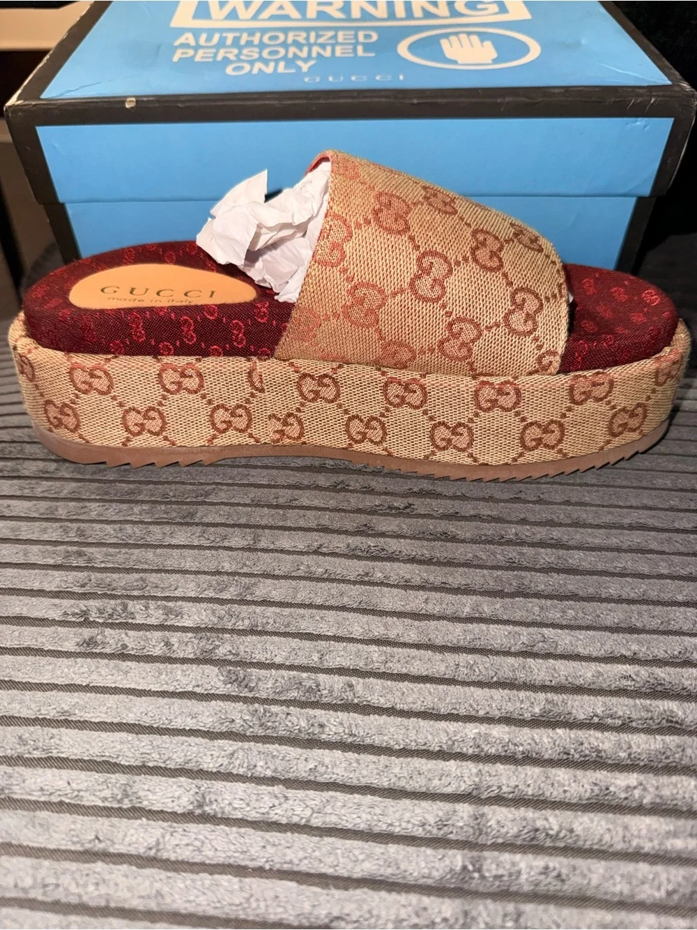 Gucci Beige GG Canvas Platform Slides with Burgundy Footbed